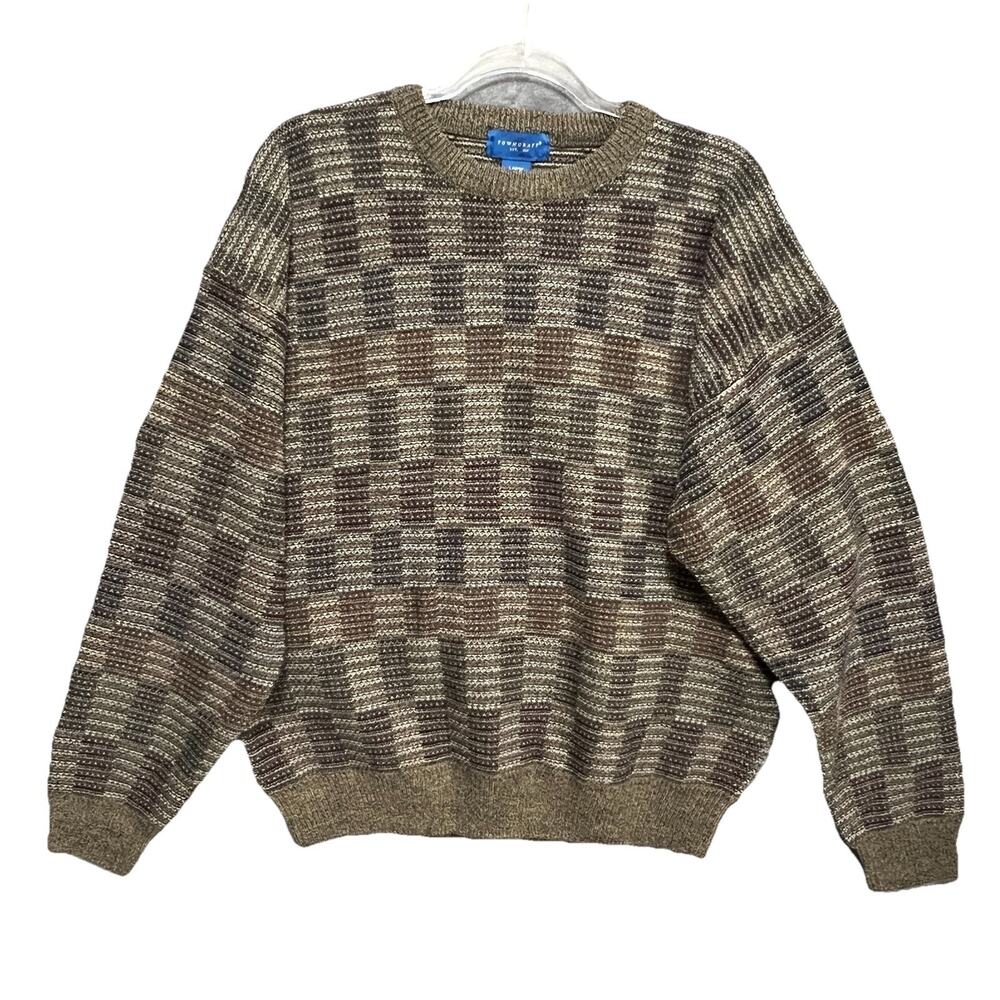 Vtg TOWNCRAFT‎ Mens Cosby Style Sweater Sz L 90s Geometric Checker Crewneck Brwn